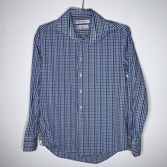 Rhodes & Beckett Navy/White/Blue Plaid Long Sleeve Top in Size 42/16.5 Slim - Picture 5 of 6